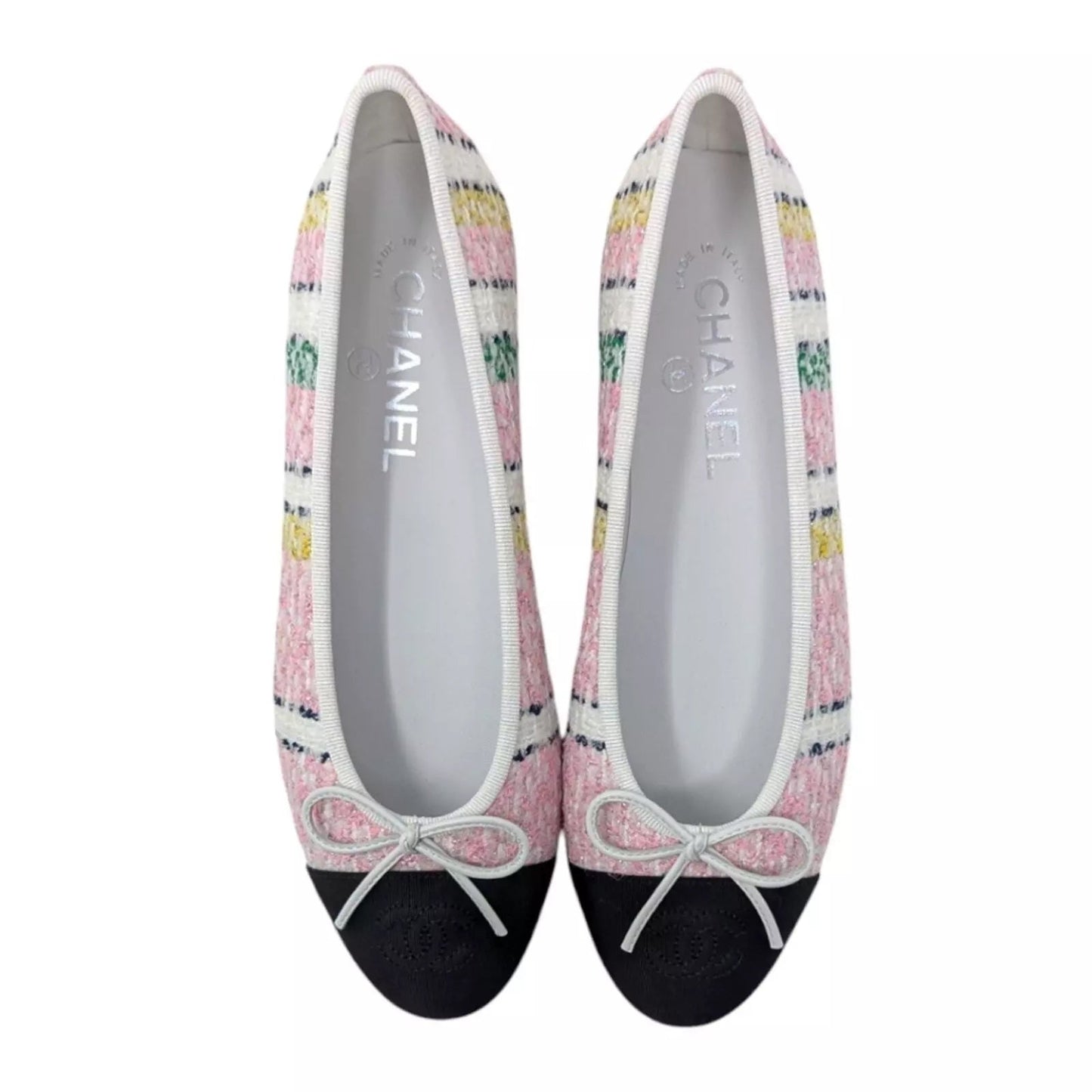 CHANEL TWEED METALLIC GROSGRAIN CAP TOE BALLET FLATS