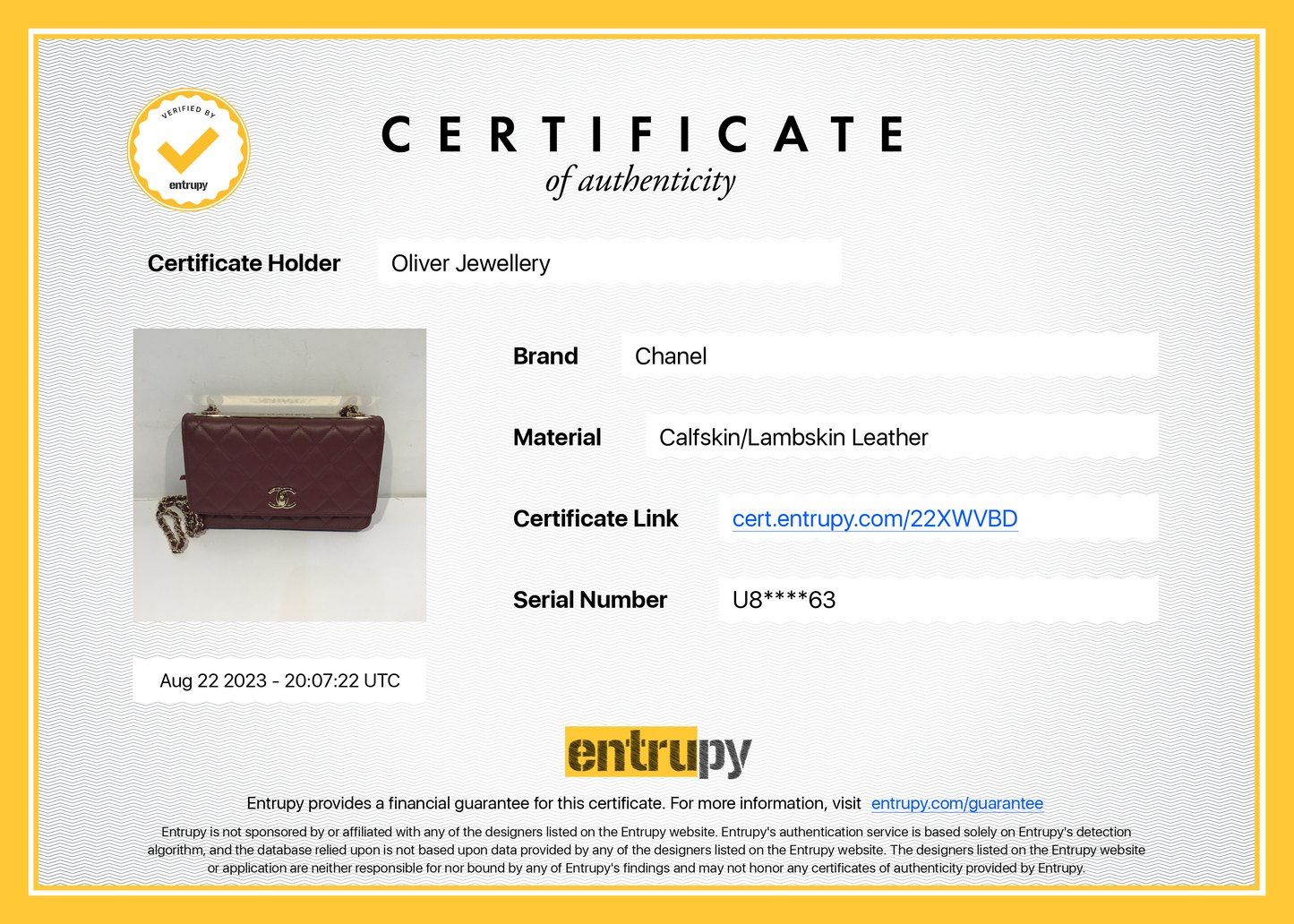 Chanel 2022 Burgundy Lambskin Leather Trendy Wallet on Chain