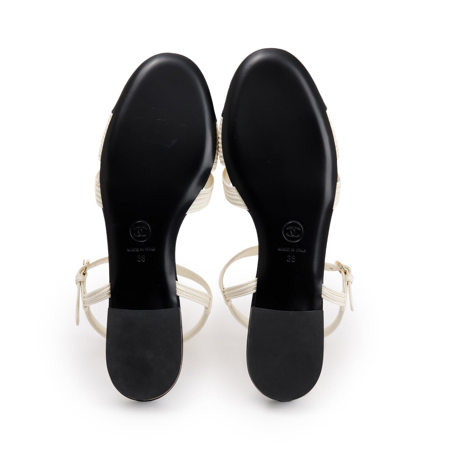 Chanel 2023 White/Black Lambskin Interlocking CC Logo Slingback Flats, Size 38