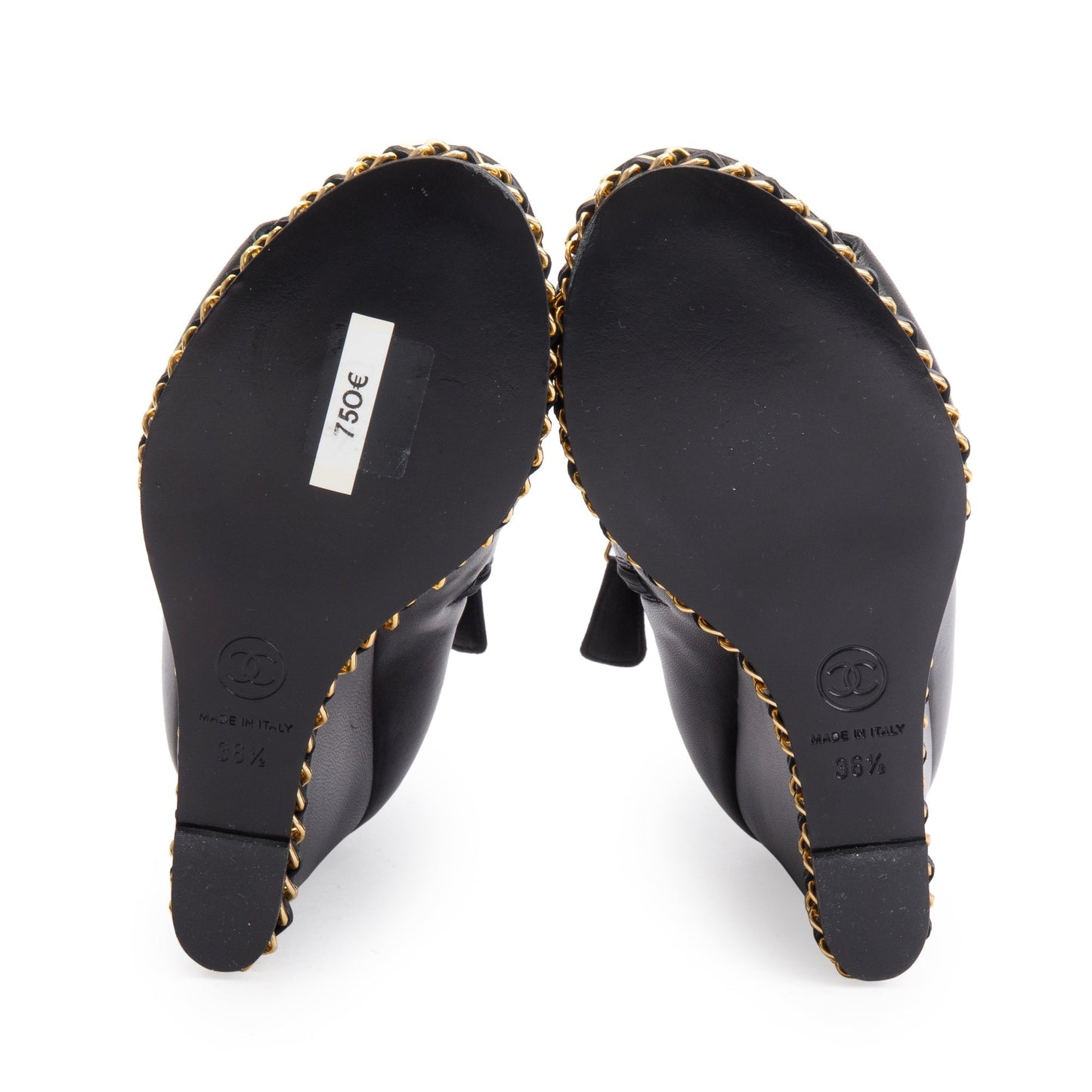 Chanel Black Leather Interlocking CC Logo Chain Open-Toe Wedge Ankle Boots, Size 36.5