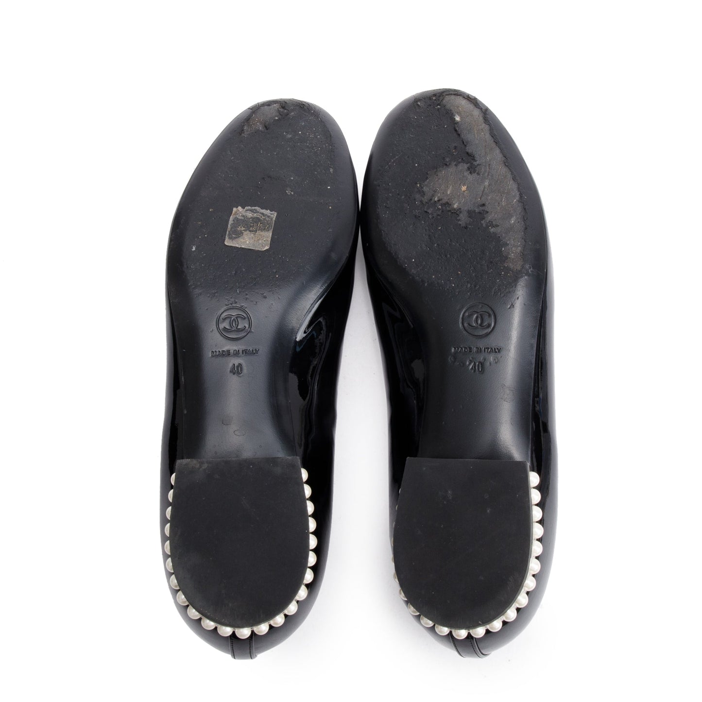 Chanel Black Patent Leather Faux Pearl CC Logo Loafer, Size 40