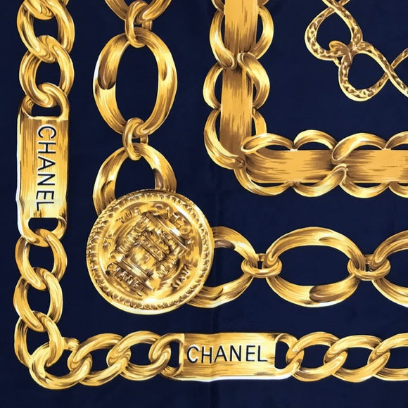 CHANEL SILK SCARF BLUE GOLD CHAIN LINKS
