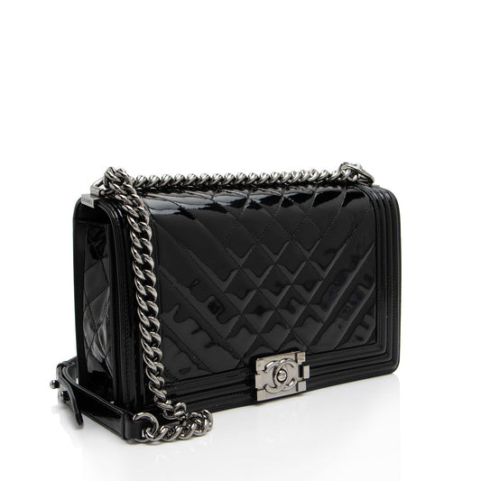 Chanel Chevron Patent Leather New Medium Boy Bag