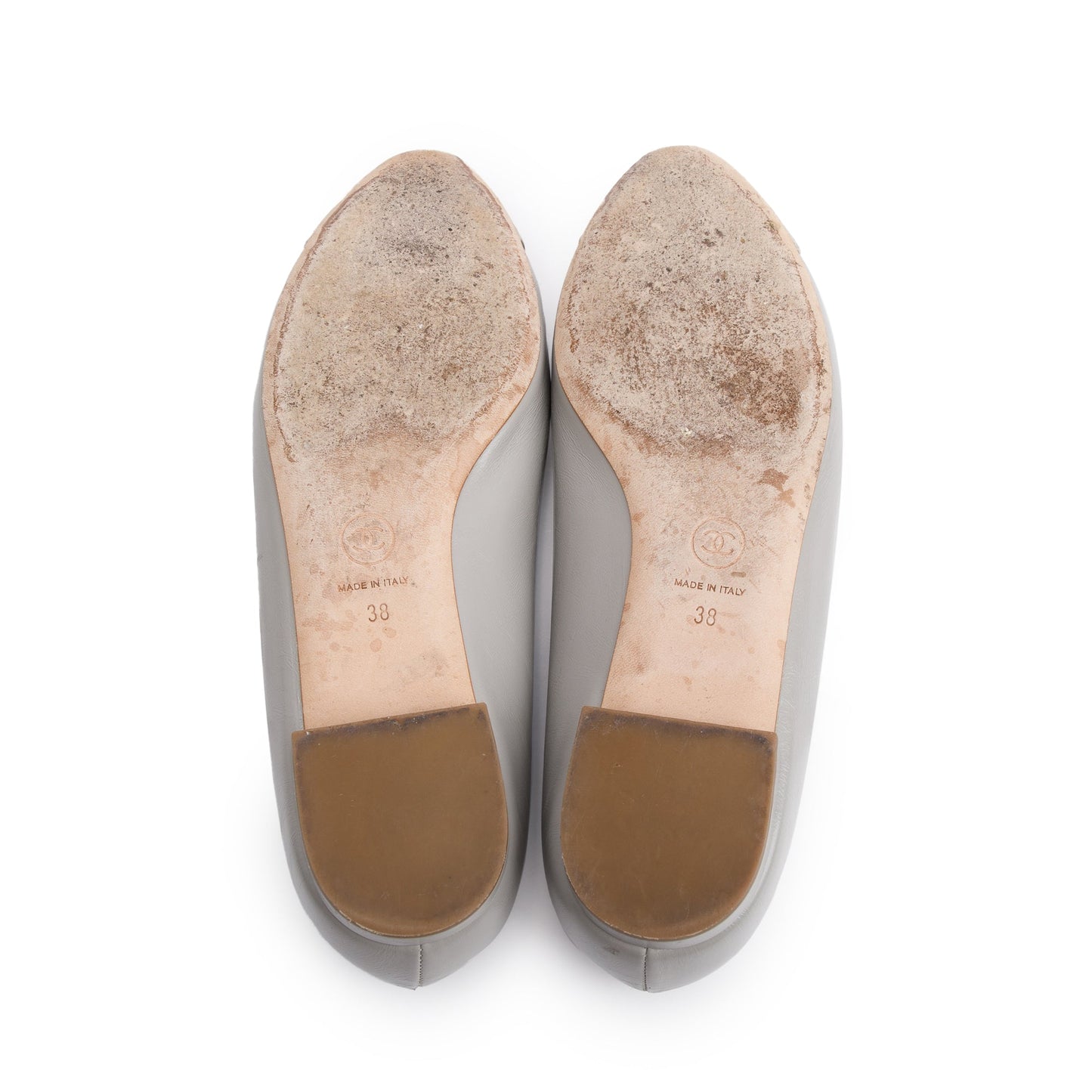 Chanel Grey Leather Silver Python Trim CC Camellia Flats, Size 38