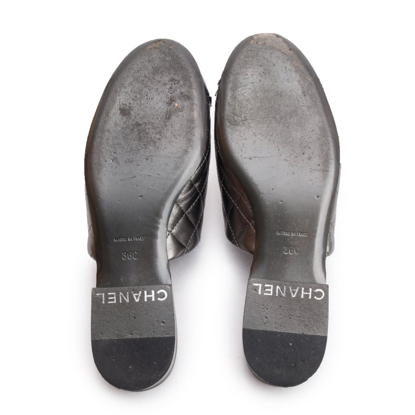 Chanel Iridescent Silver Quilted Calfskin Leather Interlocking CC Logo Mules, Size 36