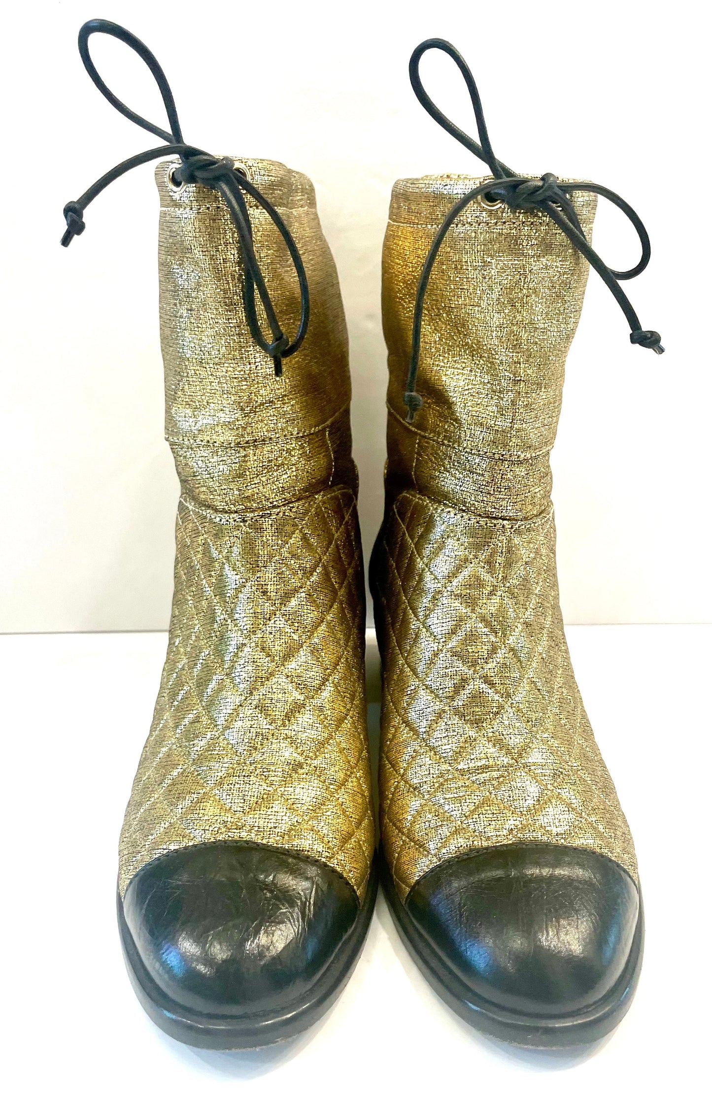CHANEL CC QUILTED METALLIC GOLD LEATHER ANKLE BOOTS