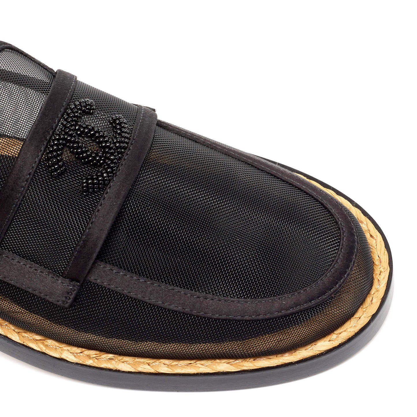 CHANEL MESH & SATIN BEADED CC SLIP-ON LOAFERS