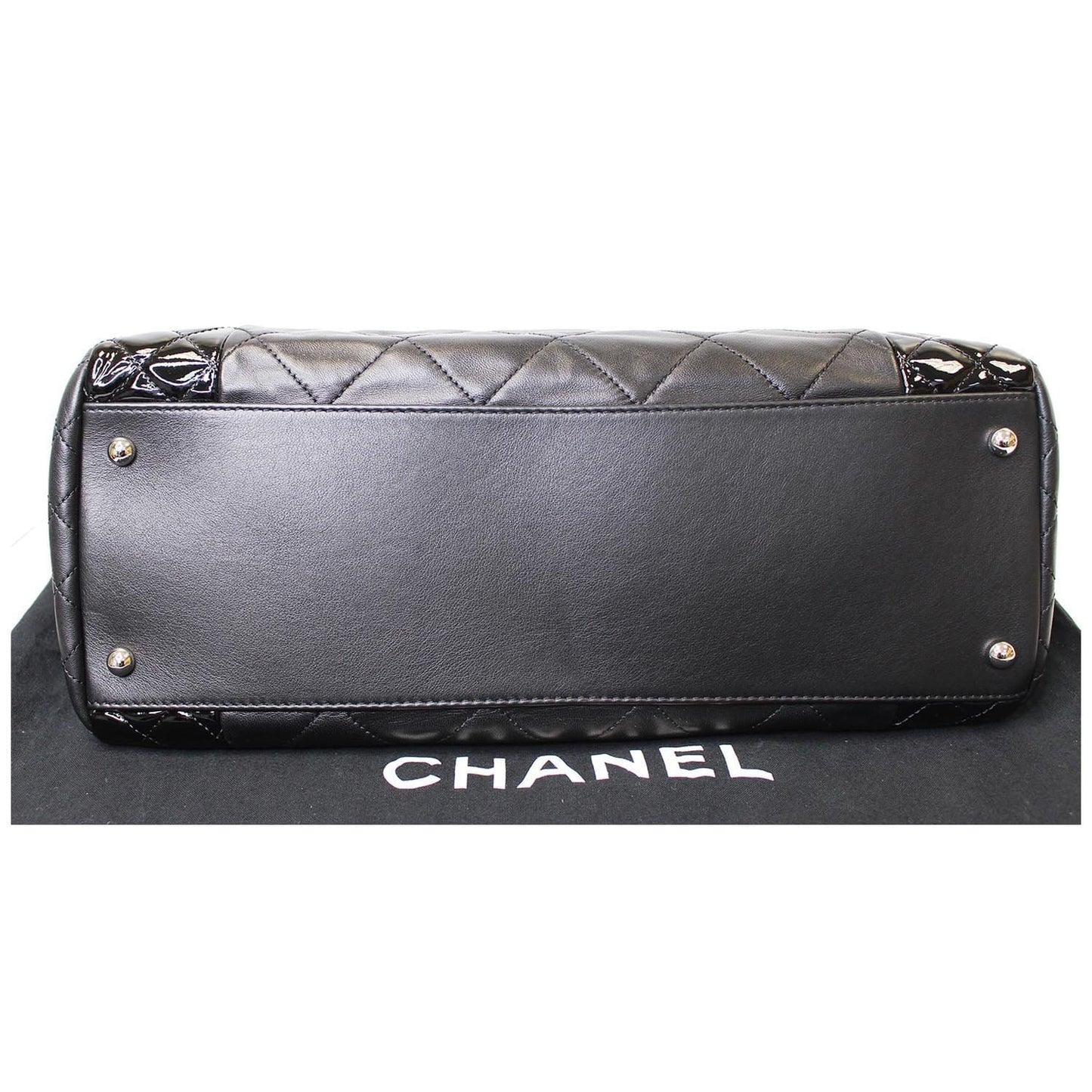 CHANEL CC Charm Quilted Lambskin Patent Leather Tote Bag Black