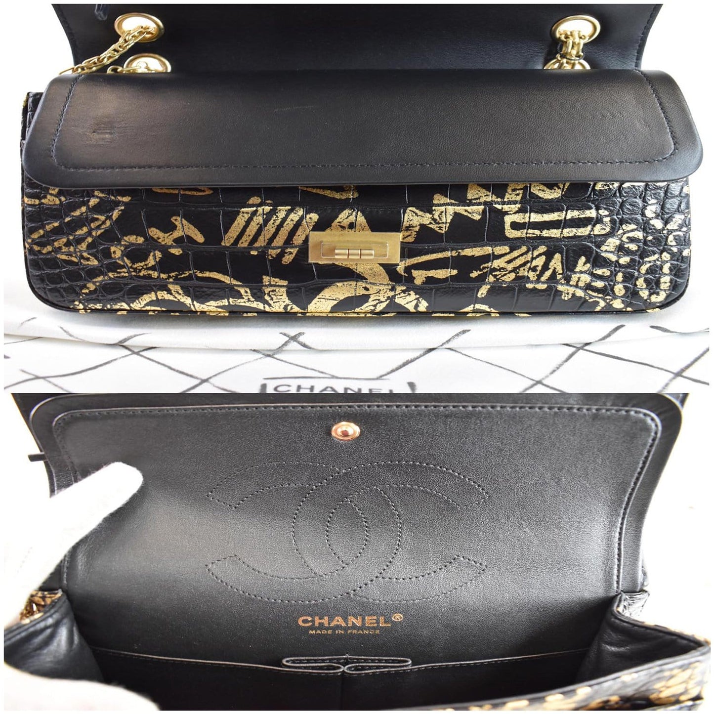 CHANEL Reissue 2.55 Flap Crocodile Embossed Graffiti Shoulder Bag Black