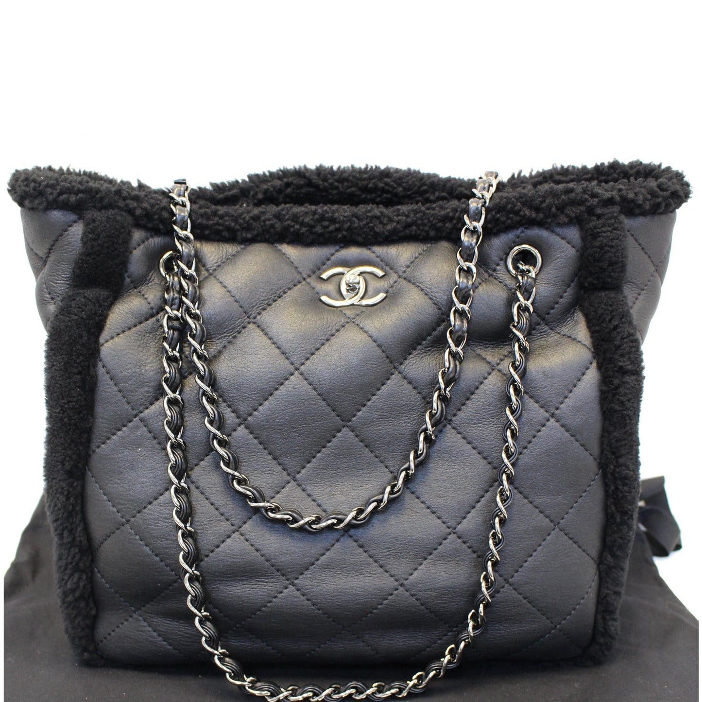 CHANEL Cozy CC Shearling and Lambskin Tote Bag Black