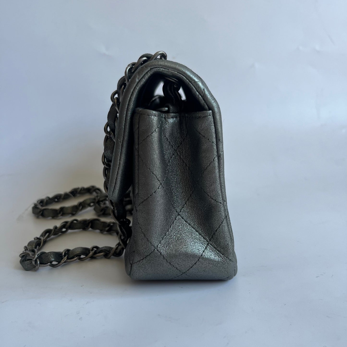 Chanel Classic Flap Rectangular Mini Metallic Grey Lambskin Leather Silver Hardware
