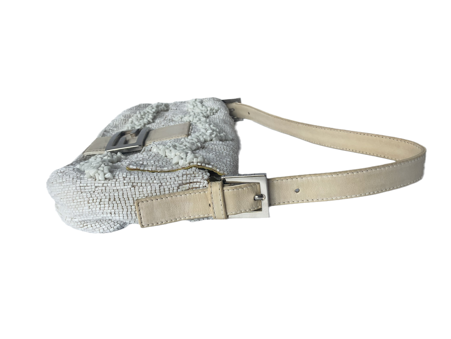 Fendi Baguette White Beaded with Stones in Wave Pattern