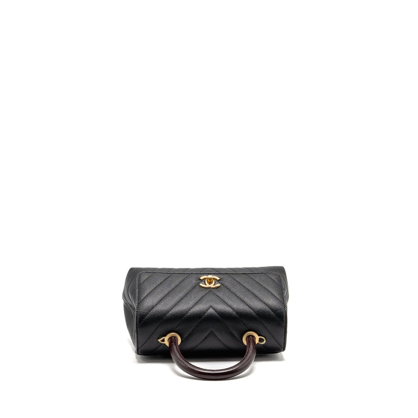 Chanel small coco handle with lizard embossed handle chevron caviar black GHW