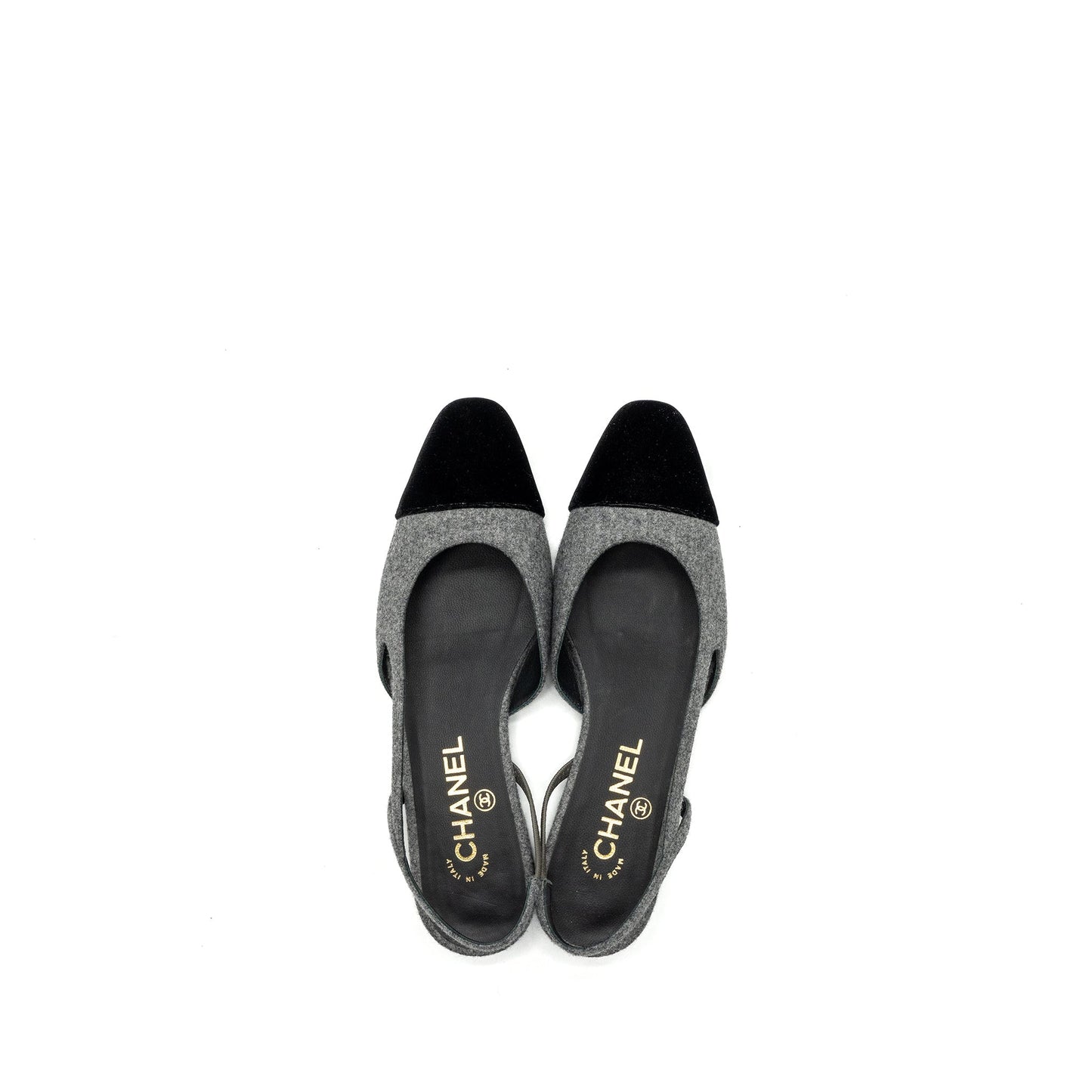 Chanel Size 37 Sling Back Flat Shoes Felt/Velvet Grey/Black