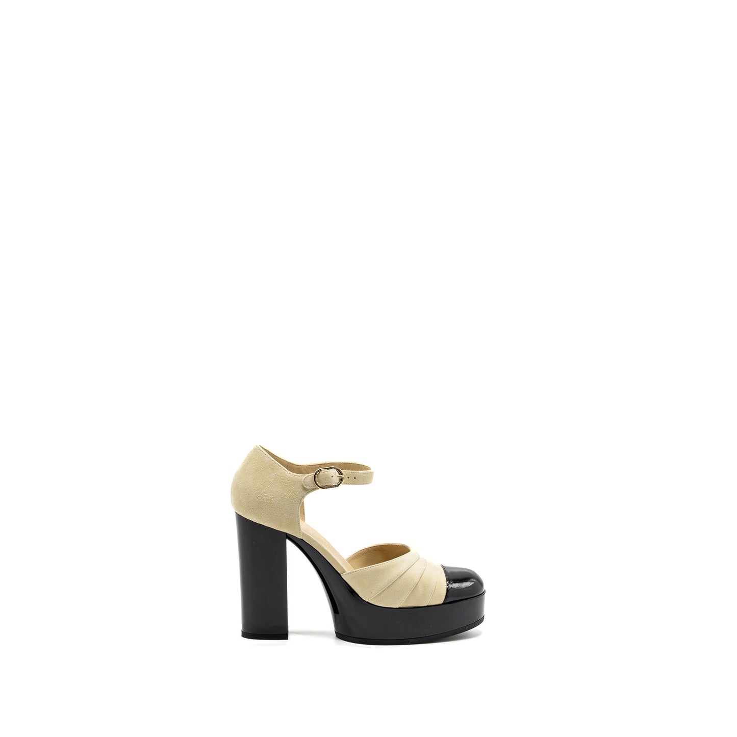 Chanel Size 38 open High Platform Shoe suede / Paten / Calfskin Ivroy / Black GHW