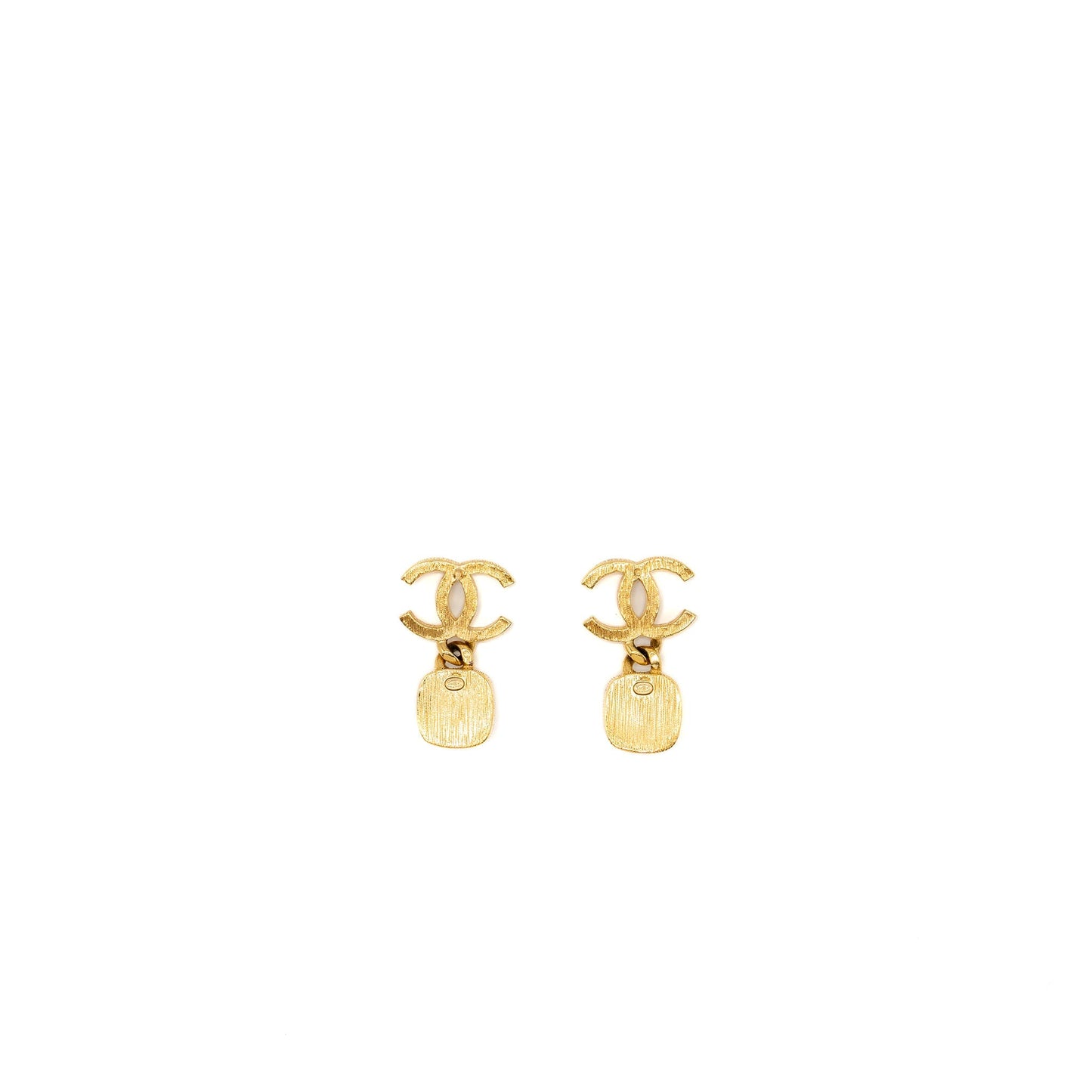 Chanel CC Logo Square Pearl Drop Earrings Gold Tone