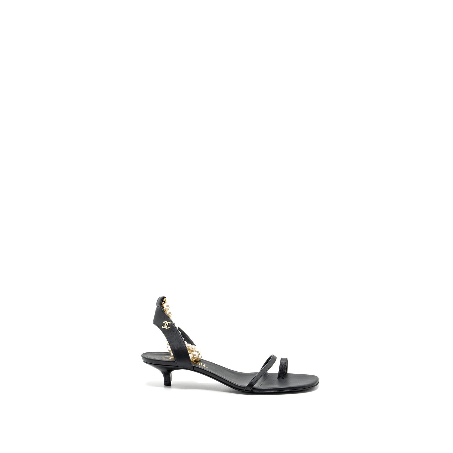 Chanel size 38 heel sandals with pearl leather black GHW