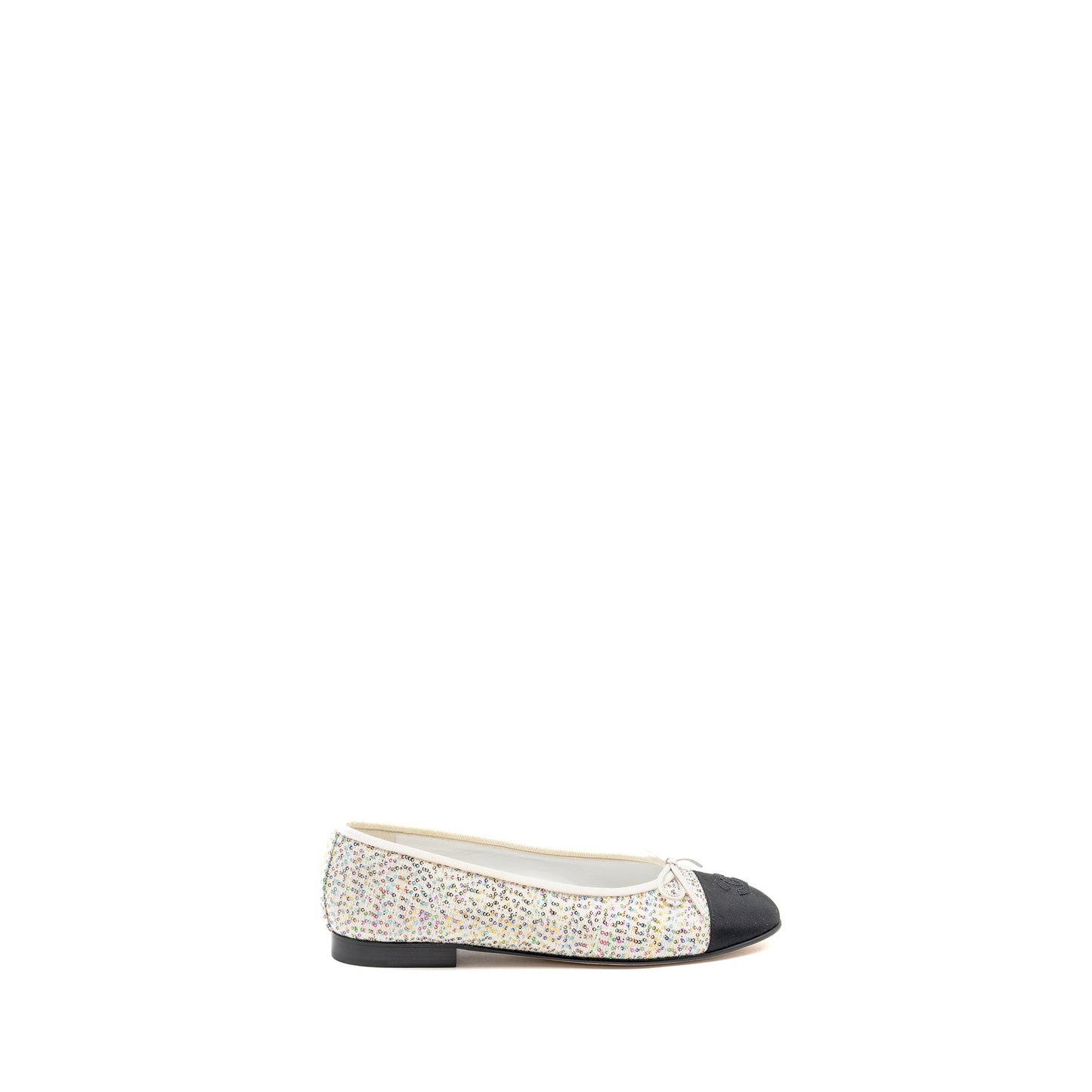 Chanel Size 37.5 23C Ballerinas Flat Shoes Glittered Fabric/Grosgrain White/Multicolour/Black