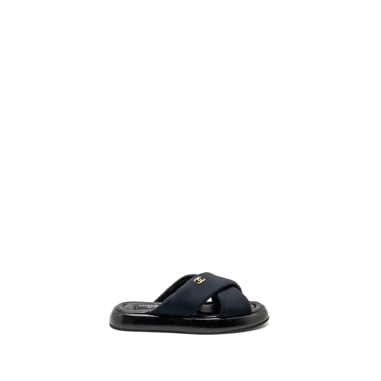 Chanel Size 38 CC Puffy Mule Sandals Fabric/Leather Black GHW