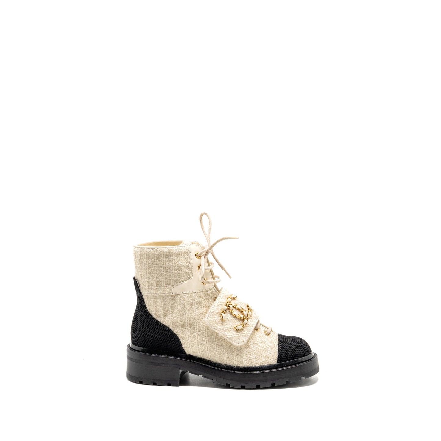 Chanel Size 36.5 22K Lace-Ups Wool Tweed/Fabric Ivory/Black GHW