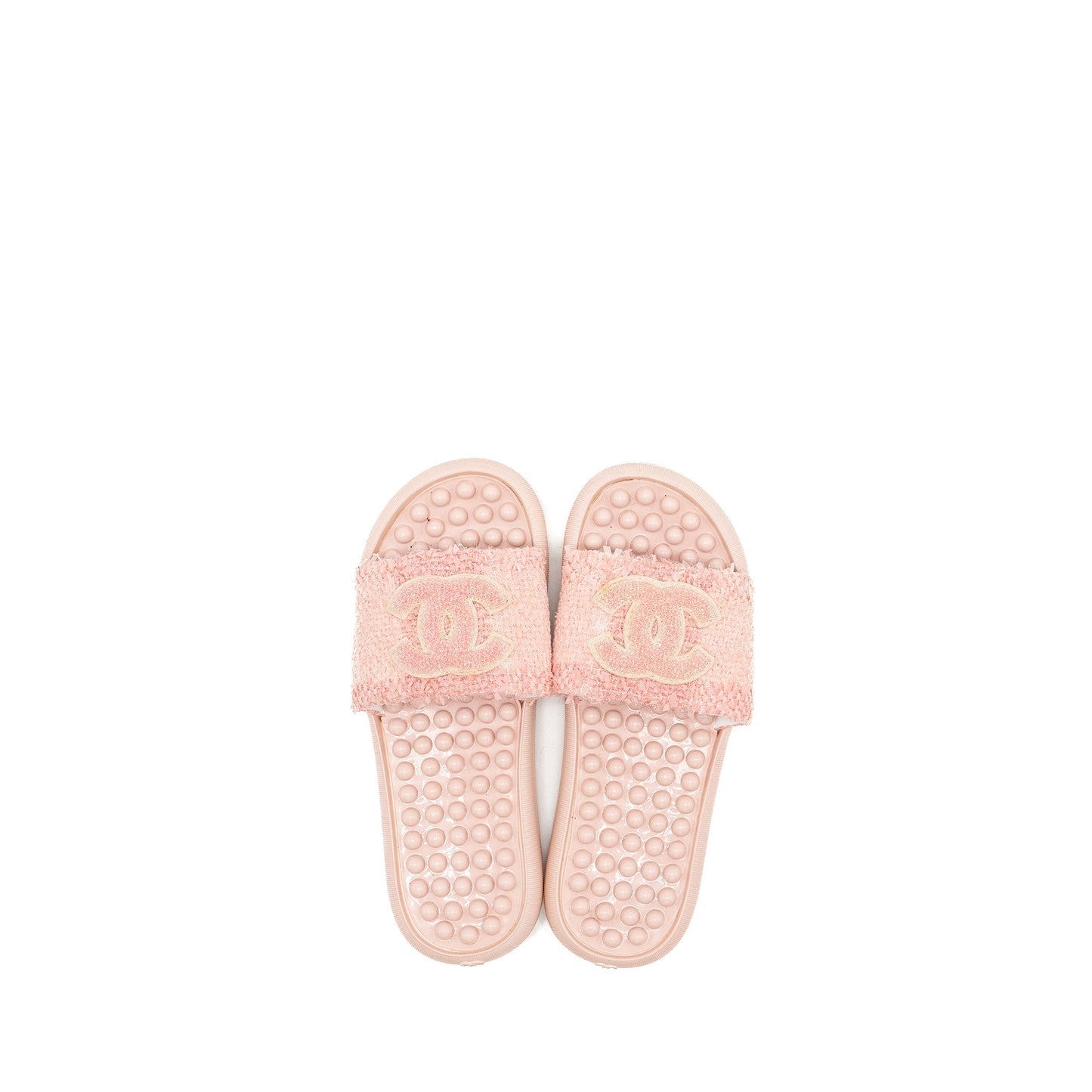 Chanel Size 38 Tweed Pool Beach Slides Sandals Pink