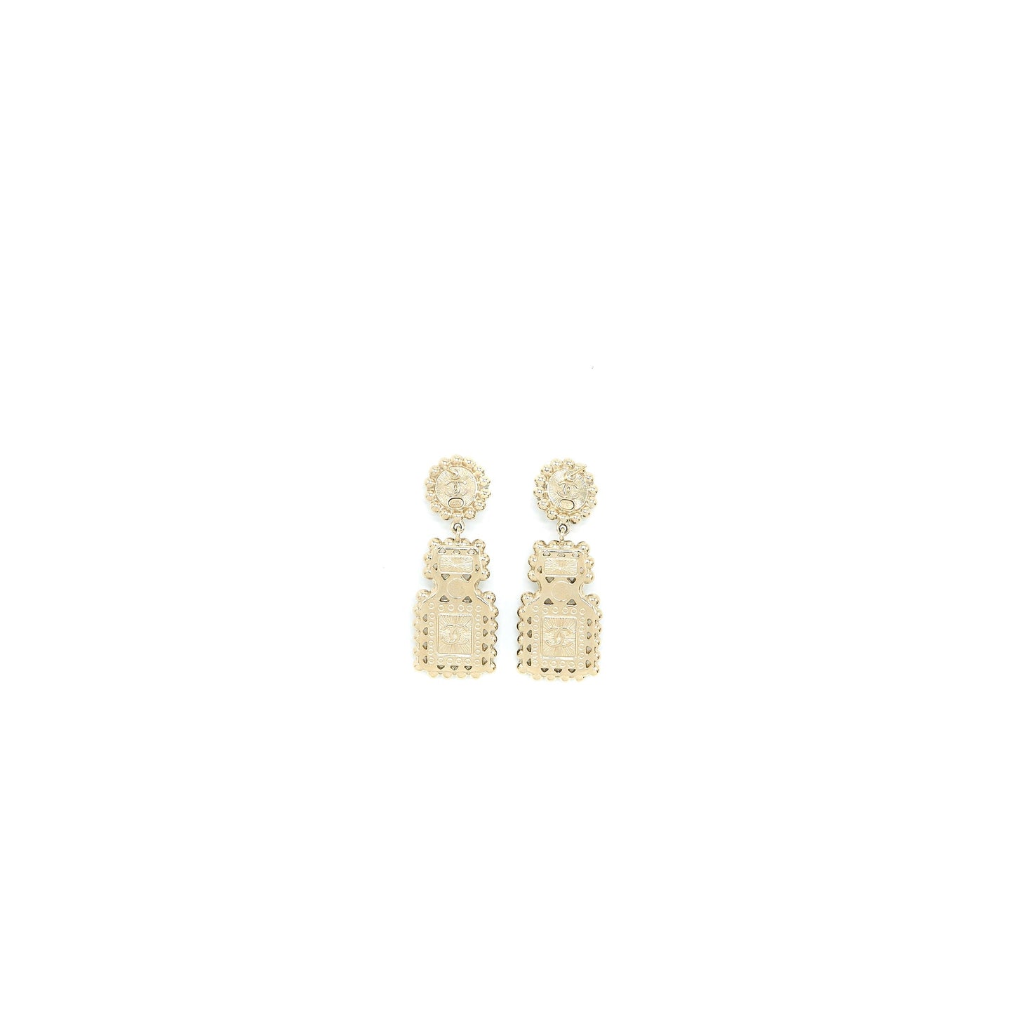 Chanel Perfume Bottle CC Logo Earrings Crystal/Pearl Black Light Gold Tone