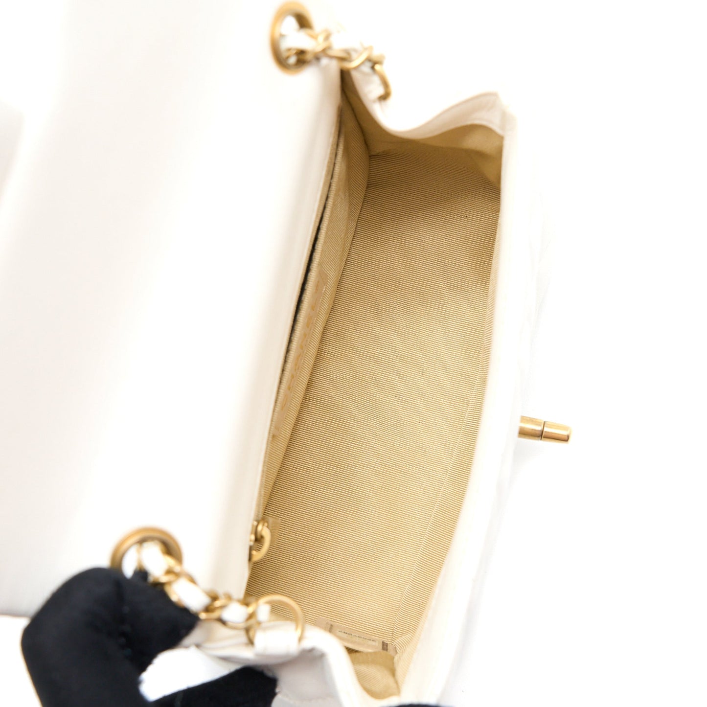 Chanel Mini Square Flap Bag with Detailed Ribbon Chain Lambskin White GHW