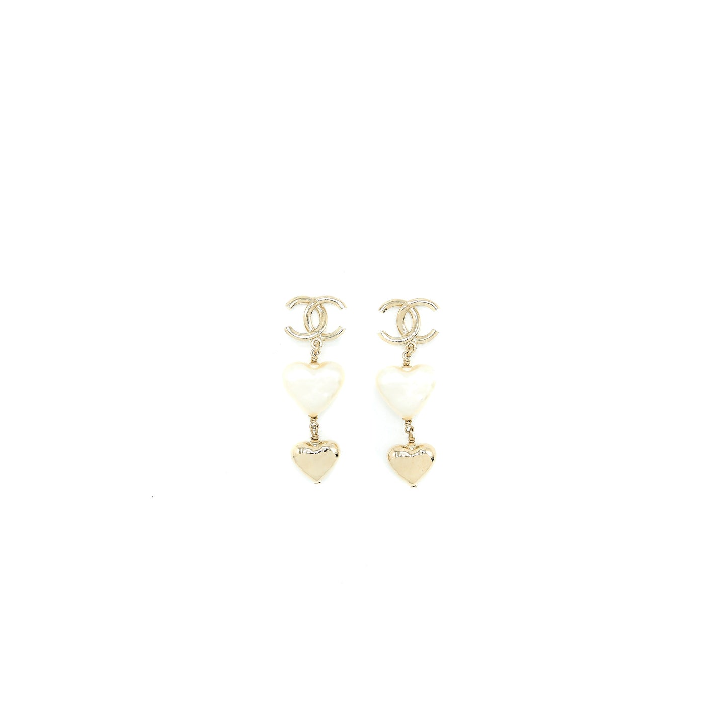 Chanel CC Logo Heart Drop Earrings Light Gold Tone
