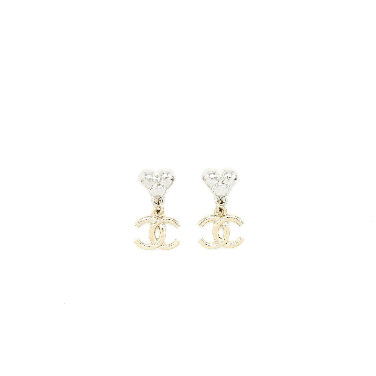 Chanel Heart & CC Drop Earrings Crystal Silver Tone