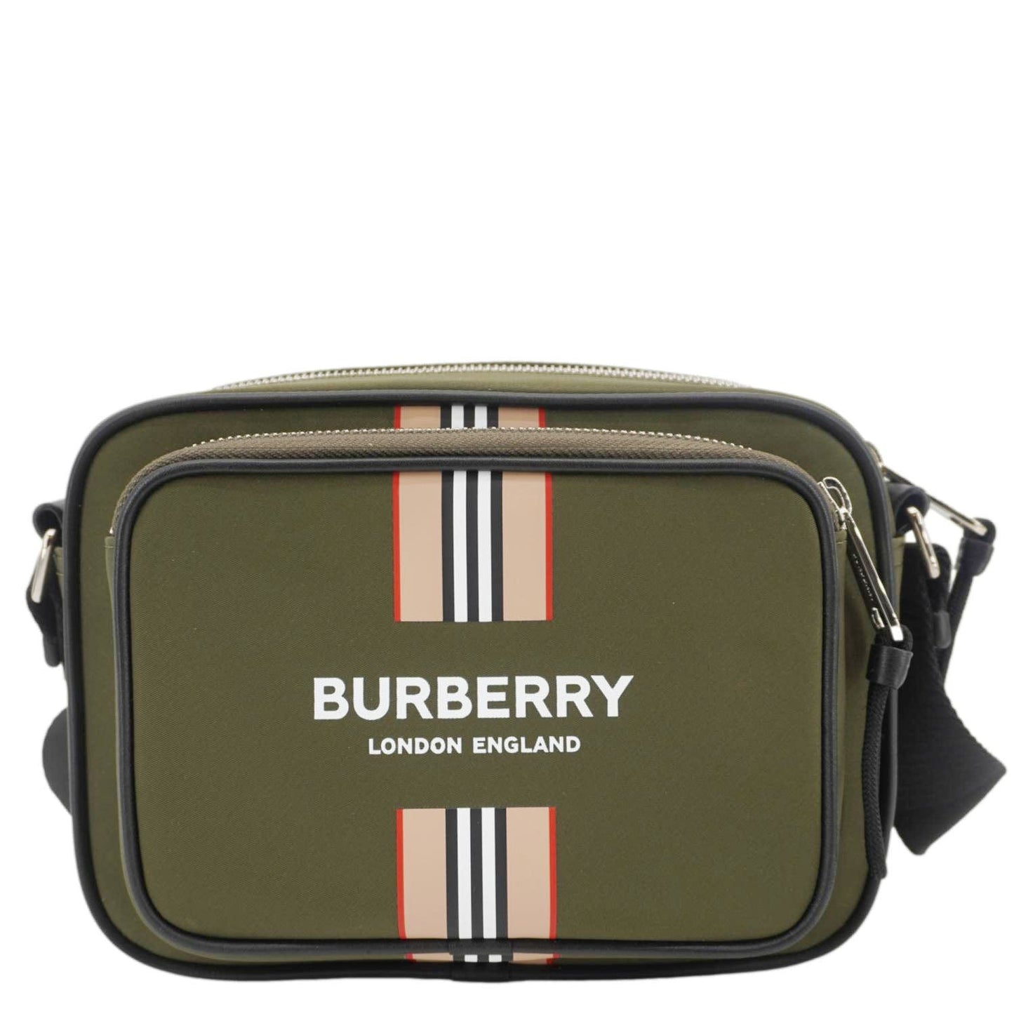 Luxury Burberry Top Striped Leather Crossbody Bag Green