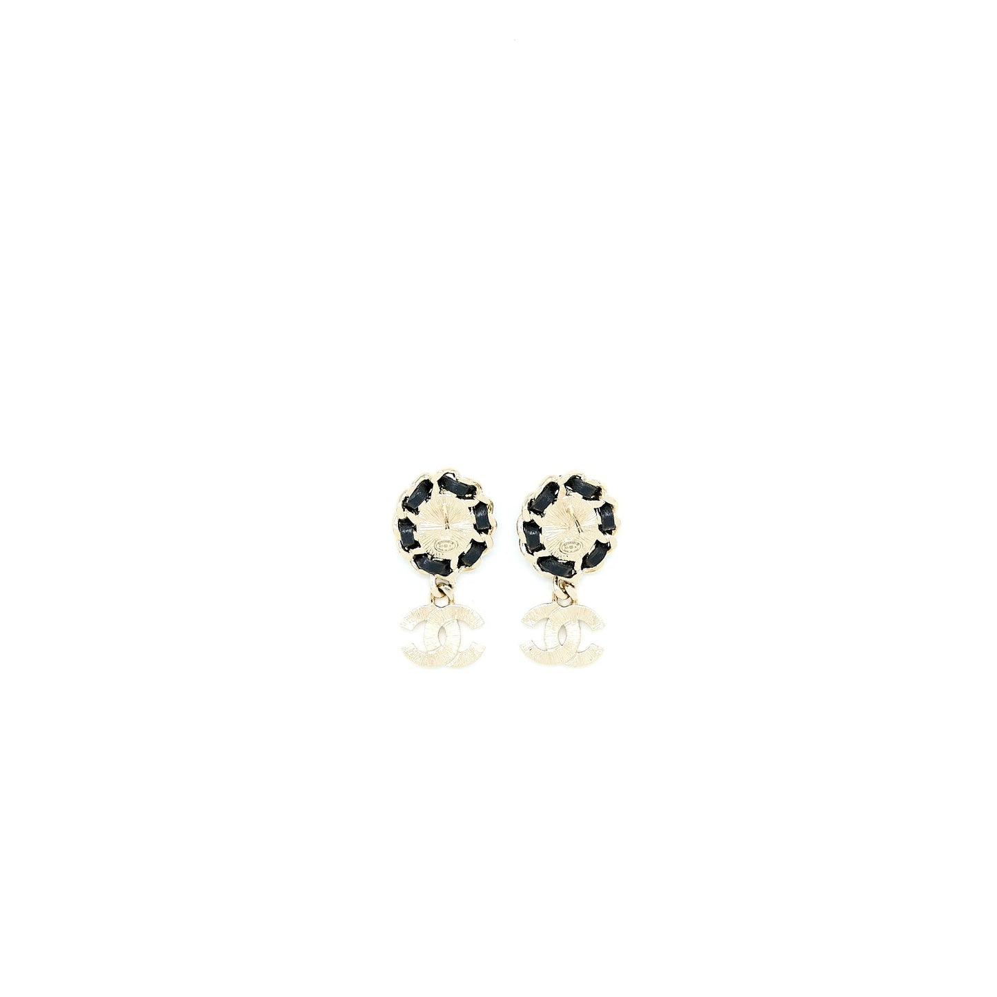 Chanel Crystal CC Logo Drop Earrings Leather Pearl Light Gold Tone