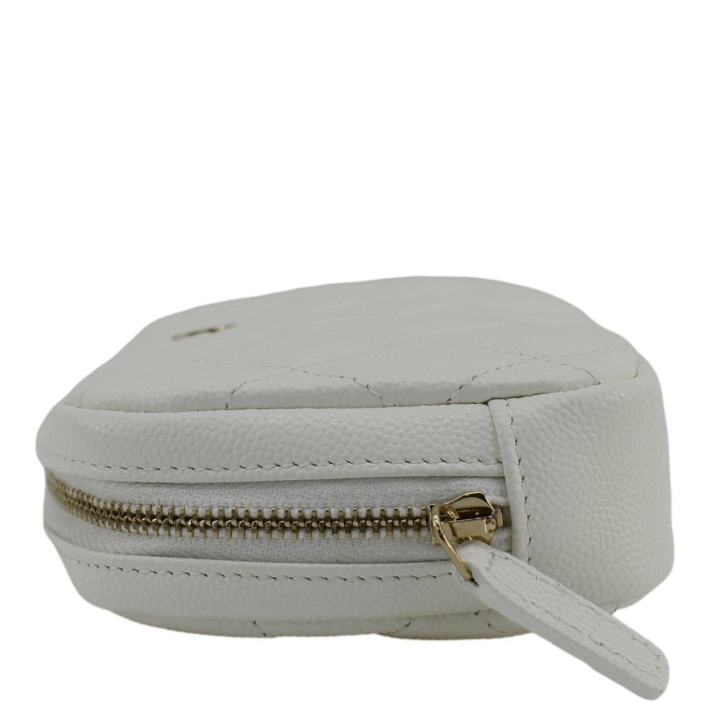 CHANEL Curvy Small Quilted Caviar Leather Cosmetic Pouch White