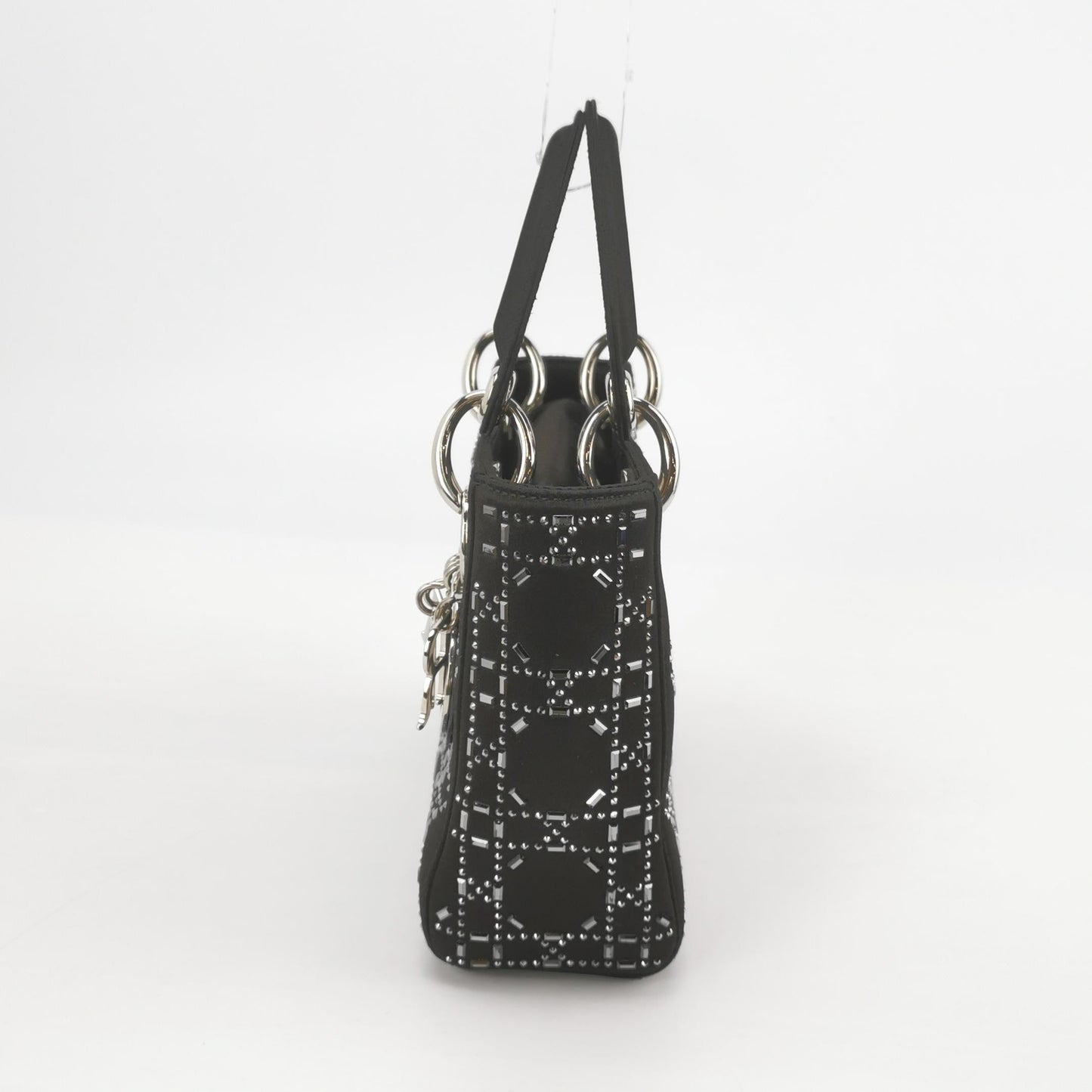 Lady Dior Mini Black Silk with Crystals Silver Hardware