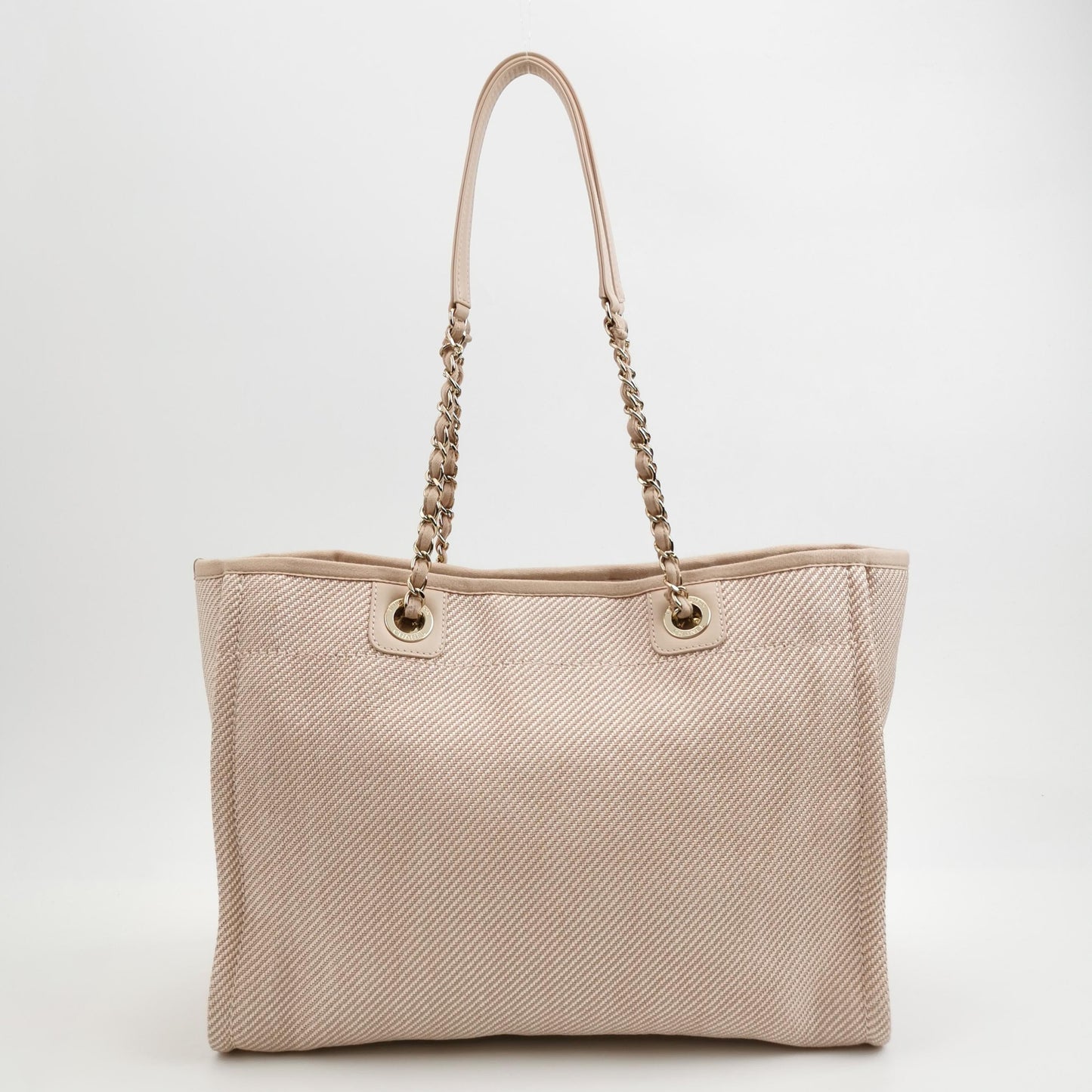 Chanel Deauville Tote Light Pink Cloth Leather Chain Strap Small 34cm