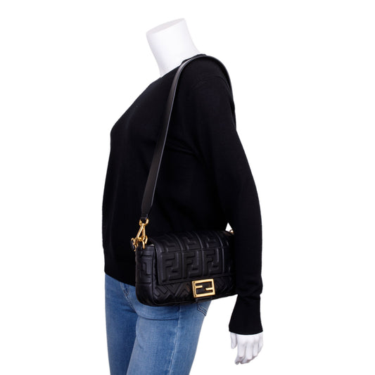 Fendi Black Nappa FF Leather Embossed Baguette NM Shoulder Bag