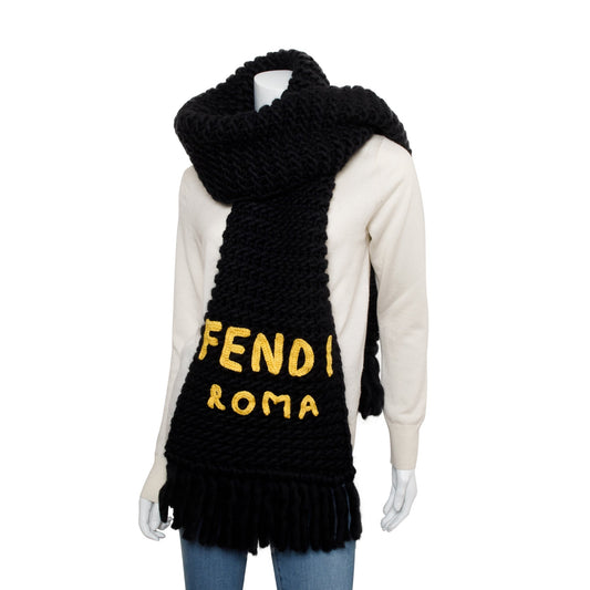 Fendi Black Wool Fendi Roma Logo Scarf