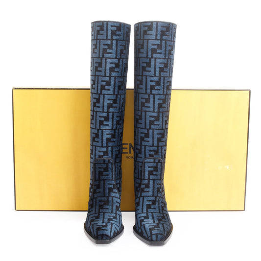 Fendi Blue Chenille Jacquard FF Cut 110 Baguette Knee High Boots, Size 36