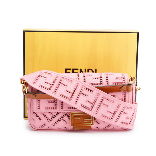Fendi Pink FF Openwork Embroidered Canvas Medium Baguette Shoulder Bag