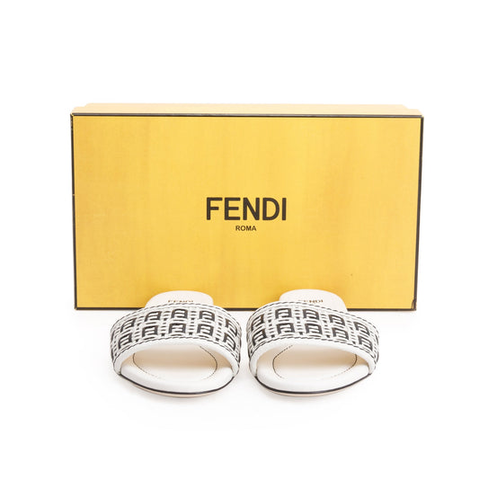 Fendi White Calskin Leather Interlaced FF Woven Mule Sandals, Size 37.5