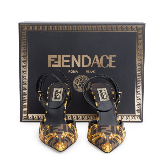 Fendi X Versace Brown Printed Canvas Fendace Slingback Pumps, Size 38