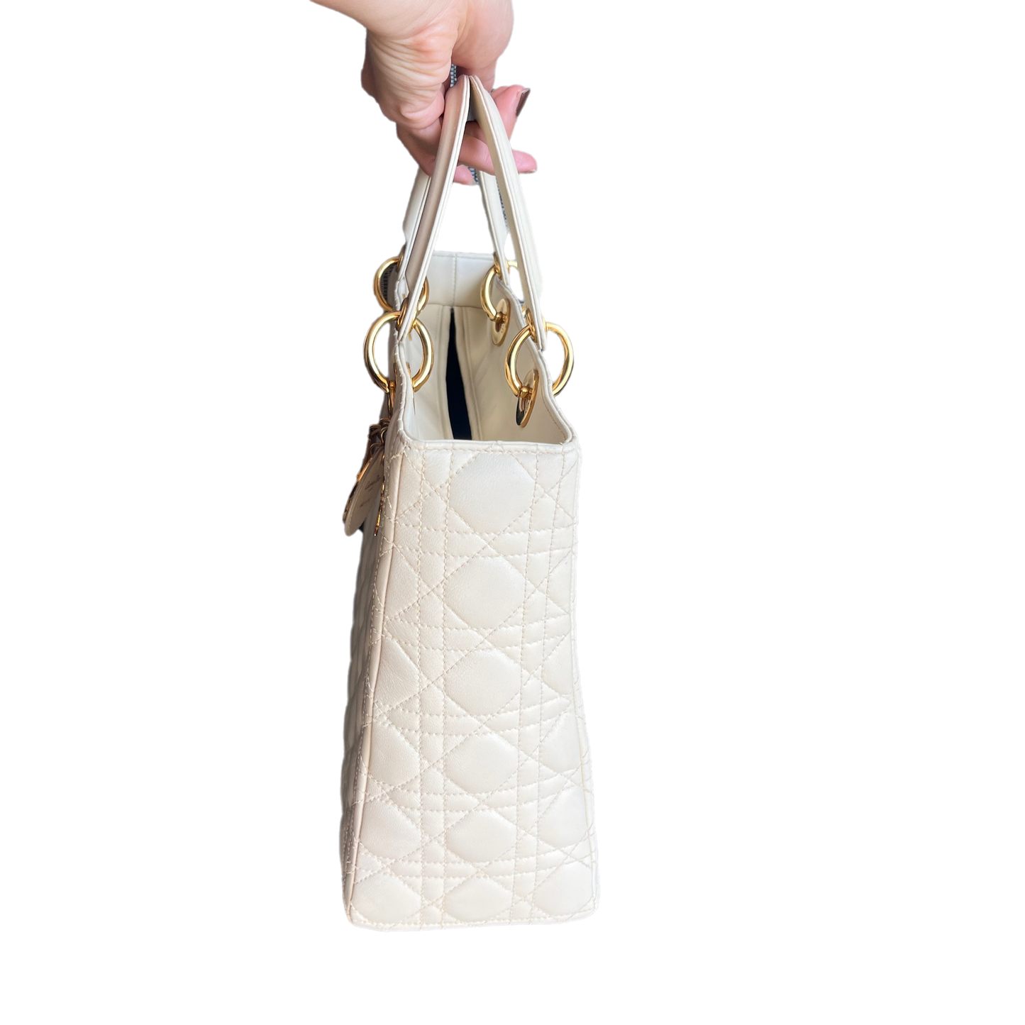 Lady Dior Large Cream White Cannage Lambskin Leather handbag with Gold Hardware and Strap