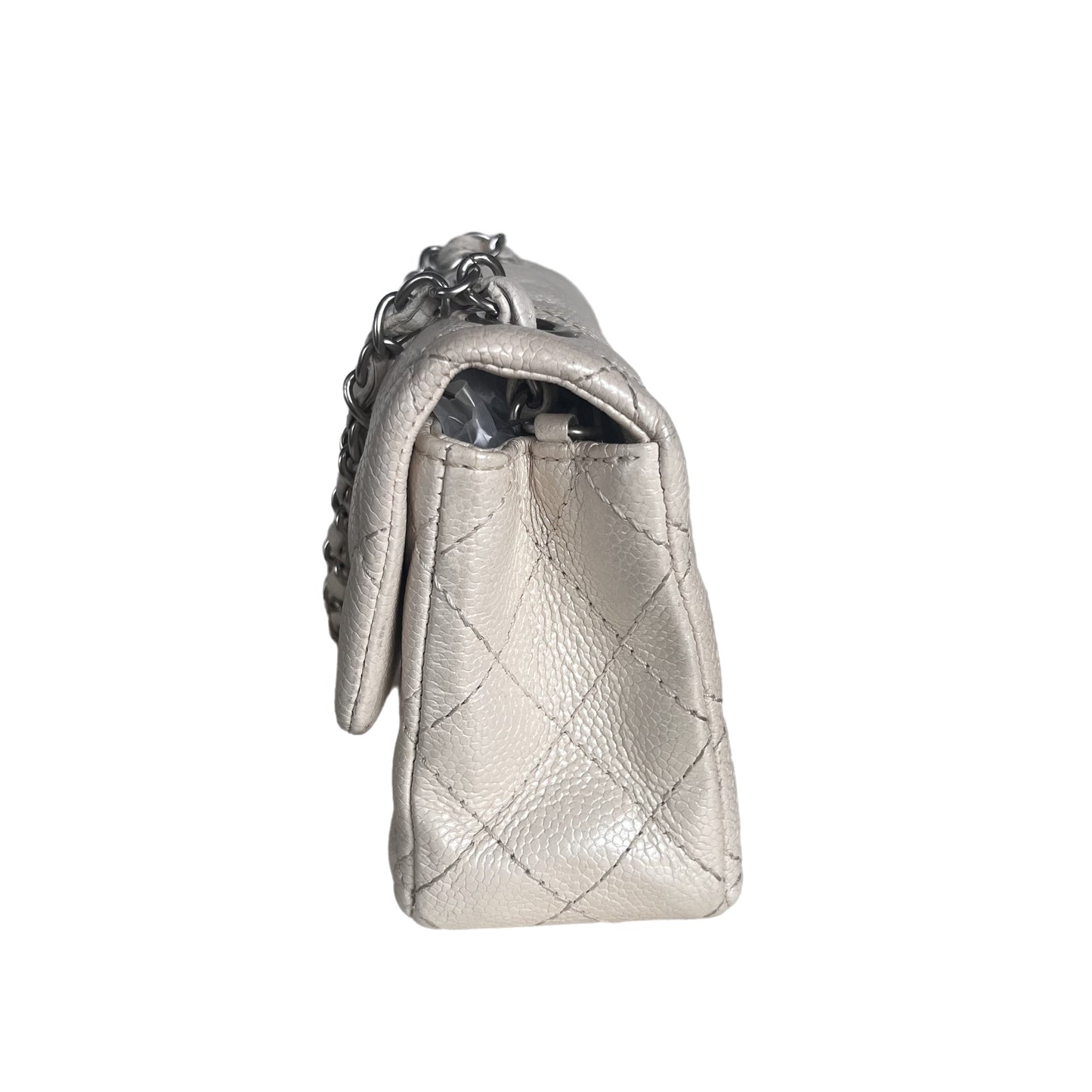 Chanel Classic Flap Rectangular Mini Pearlescent Off White Caviar Leather Crossbody Bag