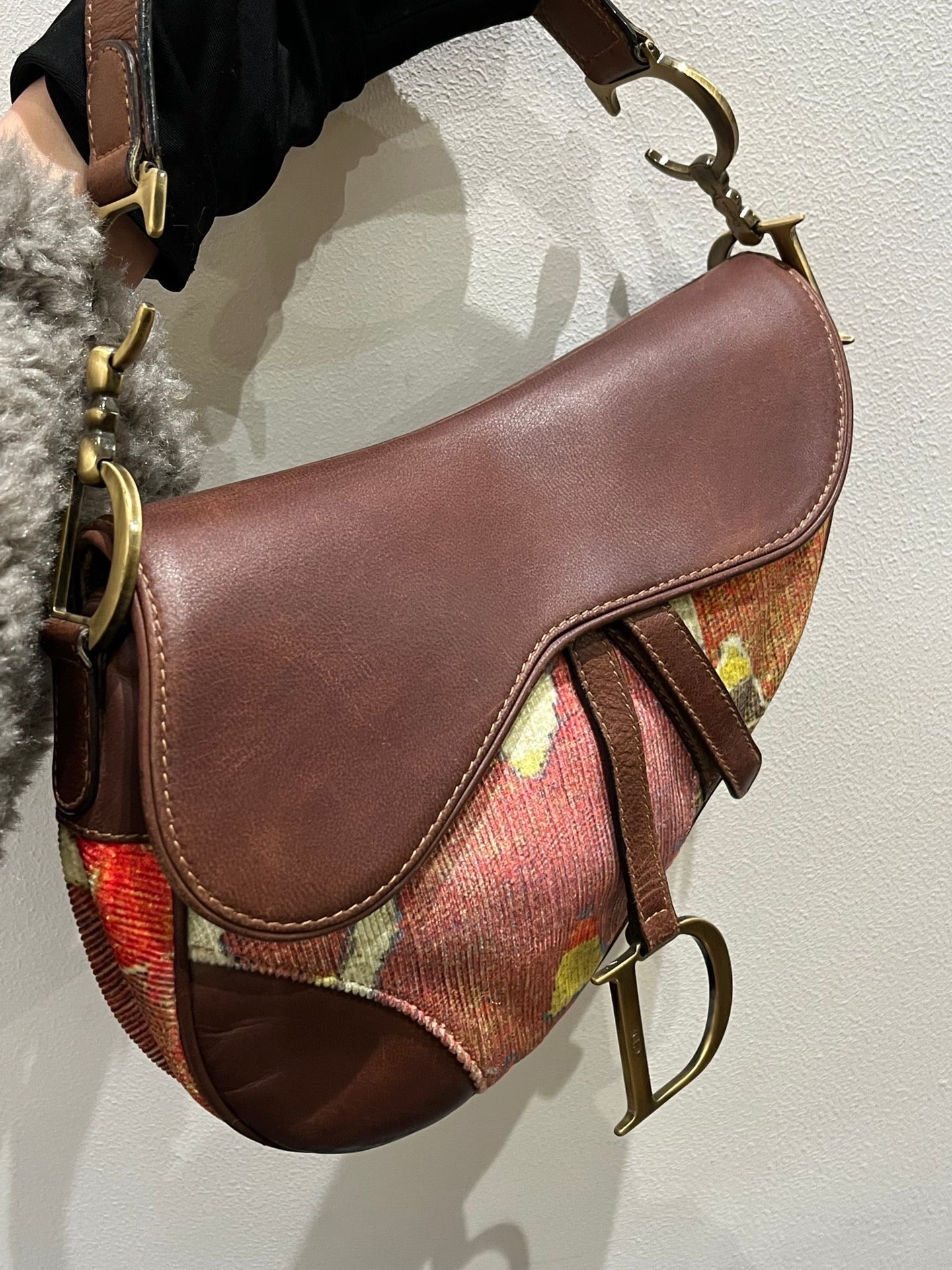 Dior Saddle bag Vintage brown leather and printed velvet RARE
