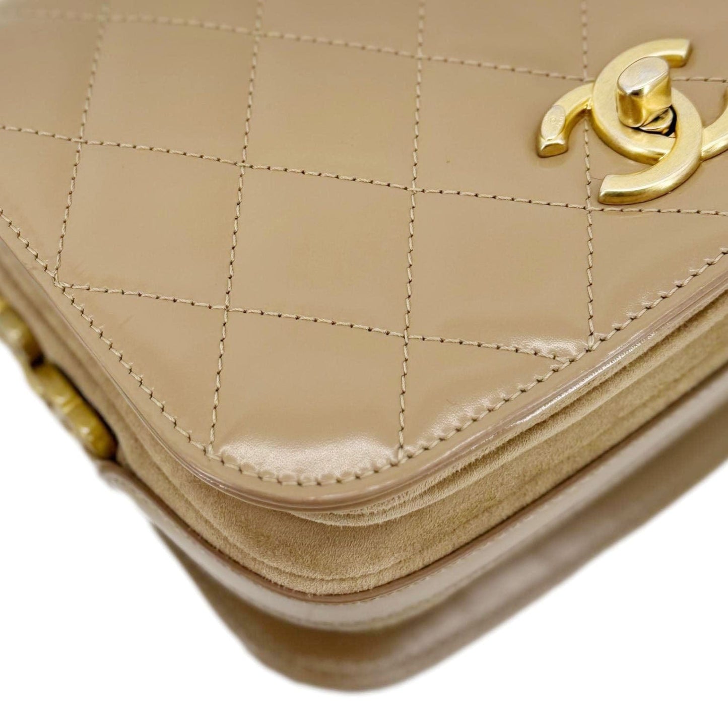 CHANEL My Sweet CC Shiny Quilted Calfskin Leather Shoulder Bag Beige
