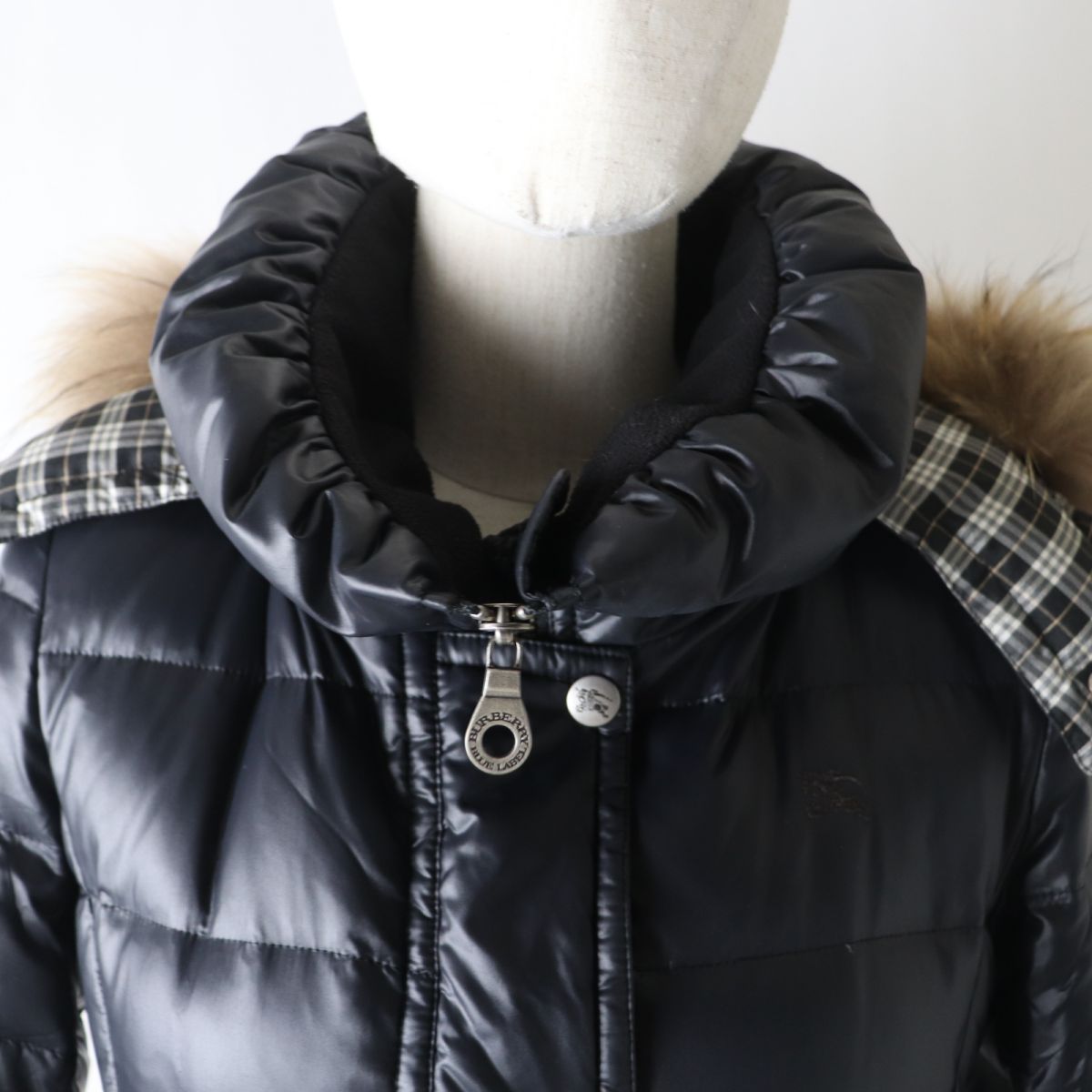 BURBERRY down coat Main: 100% nylon, Outer: 100% polyester, Outer: 65% polyester, Outer: 35% rayon, Fur: raccoon black Women 40