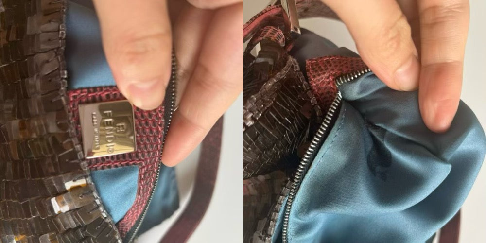 Fendi Baguette Brown Sequins with blue beads & pink lizard skin strap
