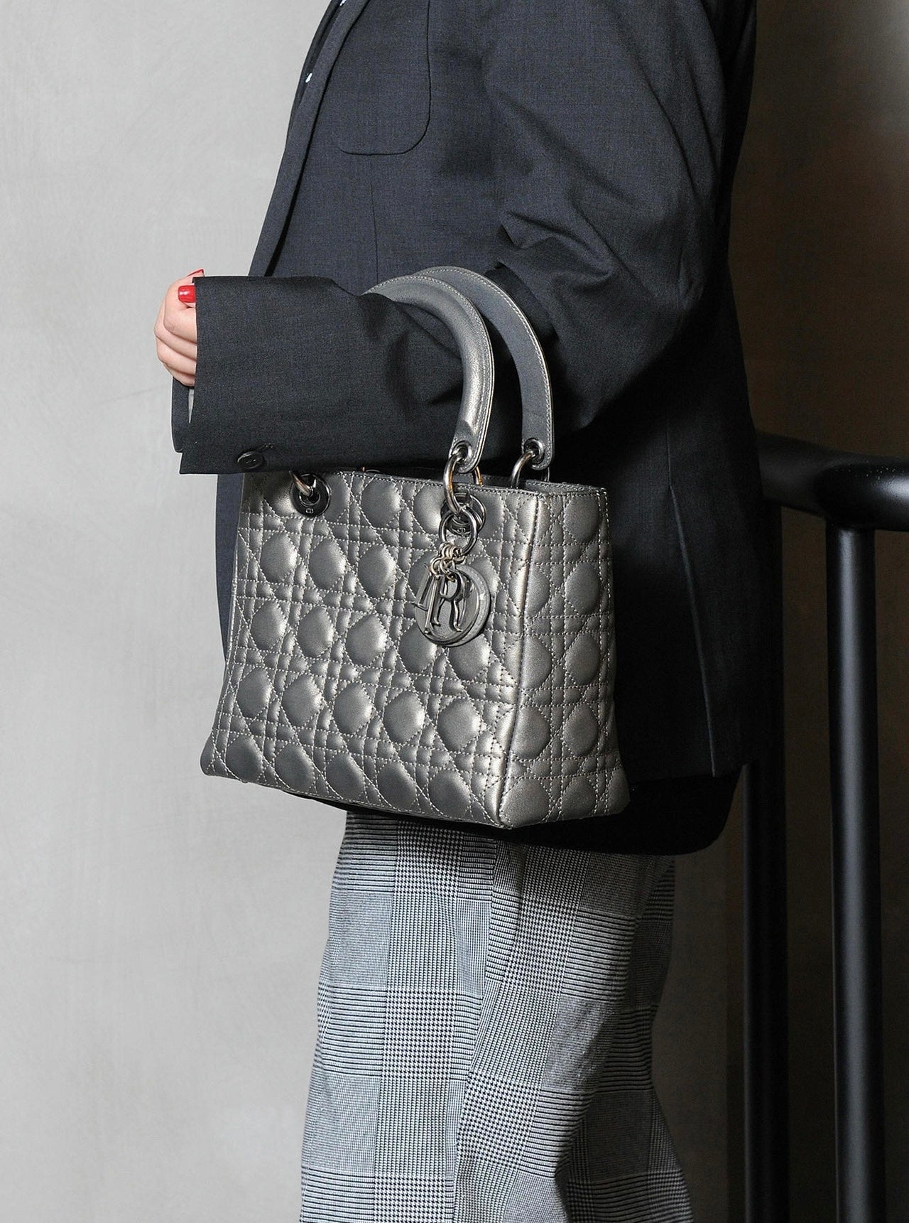 Lady Dior Medium Calfskin Leather Gunmetal Silver Grey
