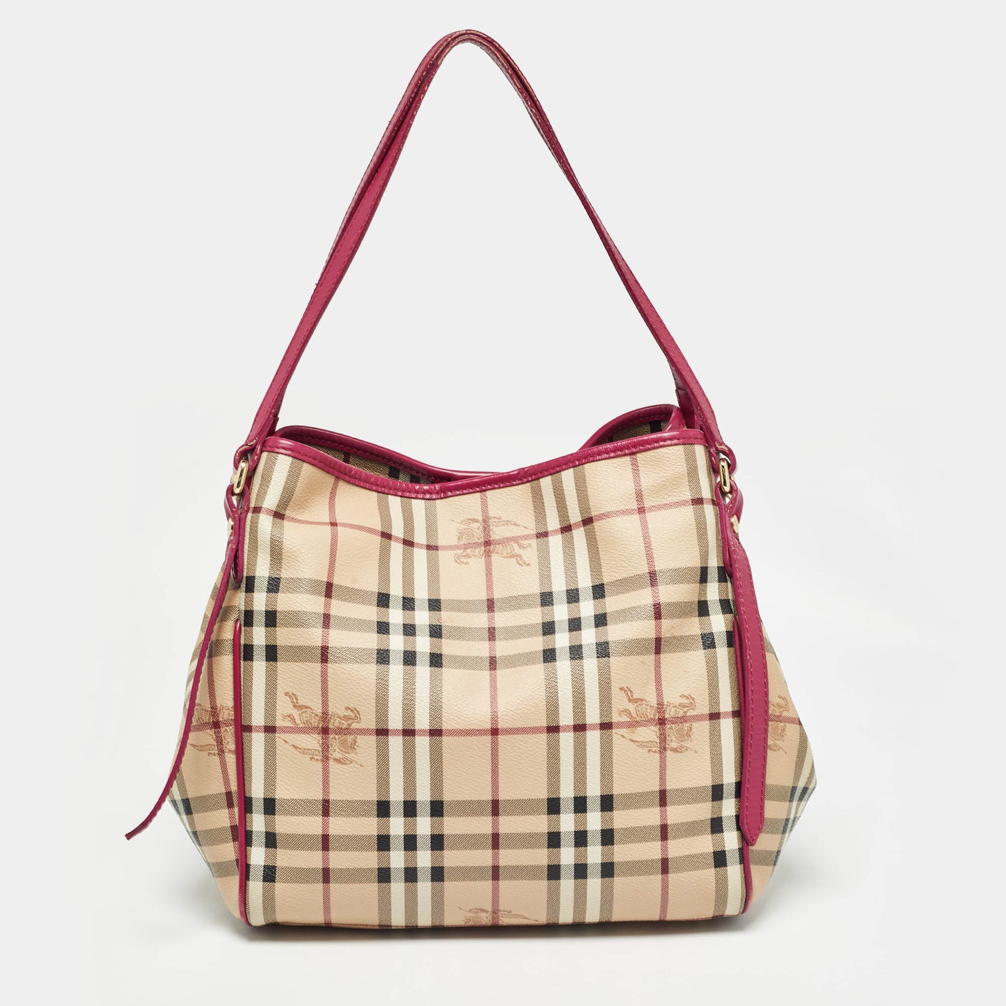 Luxury Burberry Pink/Beige Haymarket Check Coated Canvas and Leather Small Canterbury Tote