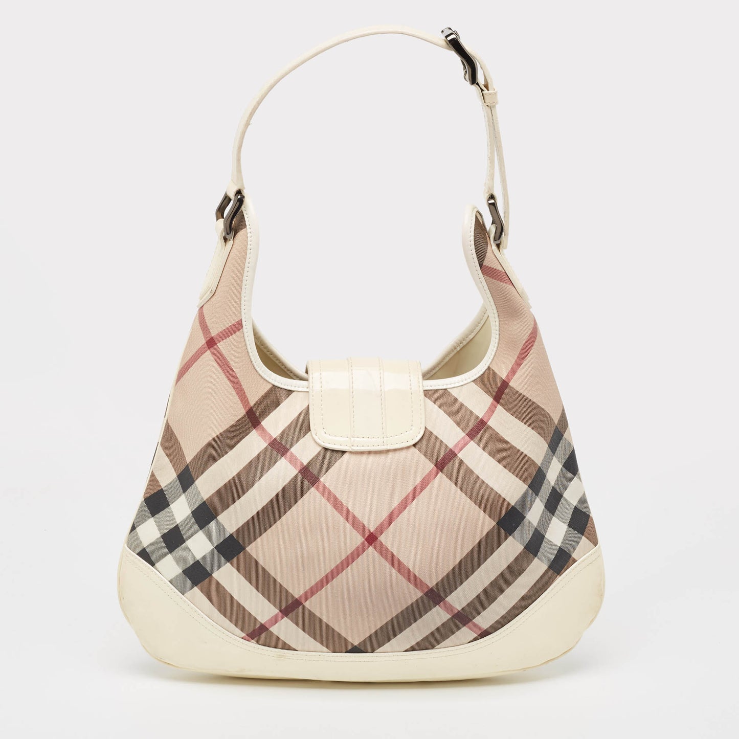 Luxury Burberry White/Beige Nova Check PVC and Patent Leather Brooke Hobo