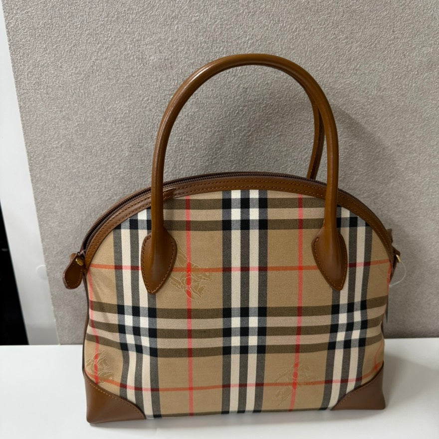 Luxury Burberry Canvas Leather Handbag O274302 in Classic Plaid Beige, Top Handle Bag